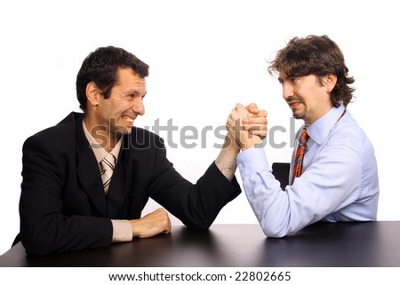 businessmans arm wrestling over white background