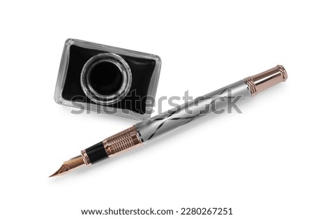 Stylish fountain pen and inkwell on white background, top view Royalty-Free Stock Photo #2280267251