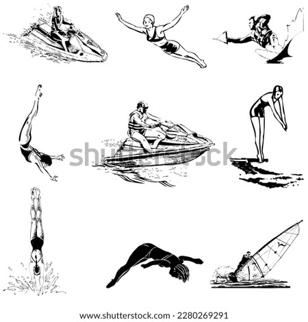 Water Sports Sketches, water sports, swimming, boating, diving,