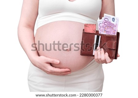 A pregnant woman with a wallet and euro money, a studio photo, isolated on a white background