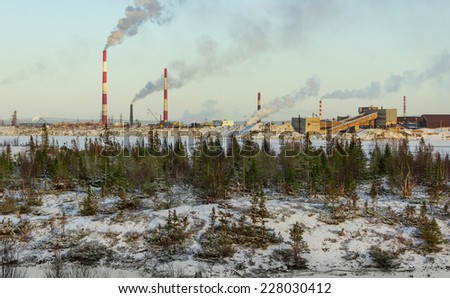 Industrial landscape in the tundra. Industry in northern Russia