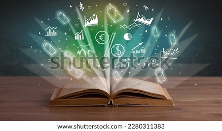 Open book with profit icons above