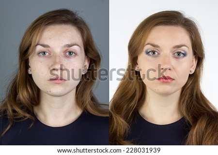 Photo of young woman before and after make up - isolated photo