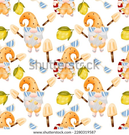 Cute gnome summer seamless pattern.digital painting watercolor gnomes,sunglasses,ice cream on white background.cartoon character hand drawn illustration.design for texture,fabric,wrapping paper,print.