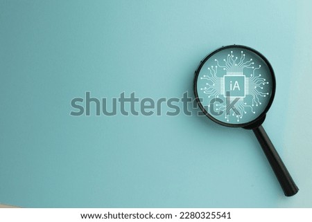 Ai(Artificial Intelligence) concept.,Magnifying glass with Ai Data and connect icon on right corner over blue background with copyspace use for business technology idea.