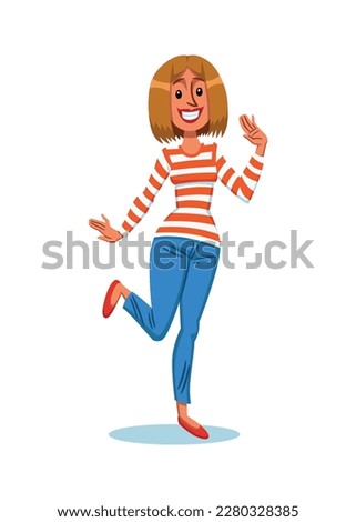 Illustration of a young woman, caucasian with blonde hair, with casual wear, very happy and smiling, standing and gesturing, in cartoon style.