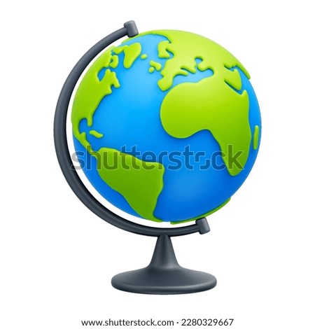 Cartoon world globe with stand 3d vector icon on white background. Globe of planet Earth for concept of kids learning or world traveling