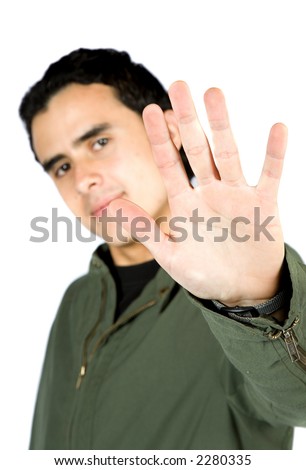 man showing his hand over white - focus is on hand