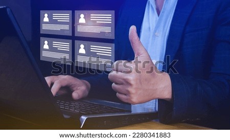 Human resources manager choosing professional profile to hire on virtual screen interface, recruitment concept. Businessman hand pointing icon resource (HR) management concept