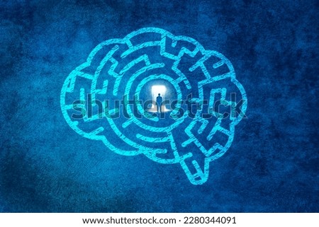 Big Idea Concept. The man open the door in the maze shaped brain.