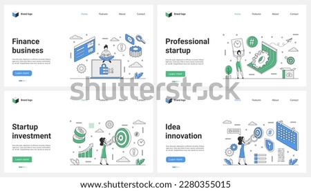 Investment in innovative startup and ideas, business and finance set vector illustration. Cartoon tiny people with magnifying glass in search of innovation financial success, plan to achieve goal