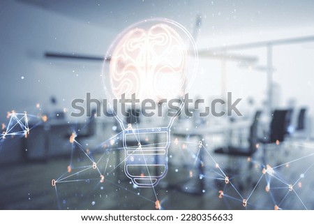 Abstract virtual creative light bulb with human brain hologram on a modern furnished office interior background, artificial Intelligence and neural networks concept. Multiexposure