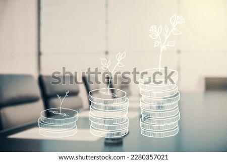 Virtual money savings sketch on a modern boardroom background, accumulation and growth of money concept. Double exposure