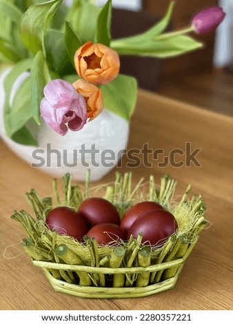 Close-up of brown coloured Easter eggs in light green twigs basket and   orange, pink tulips flowers in white vase, on oak wood. Eggs coloured by cooking with onion skins. 