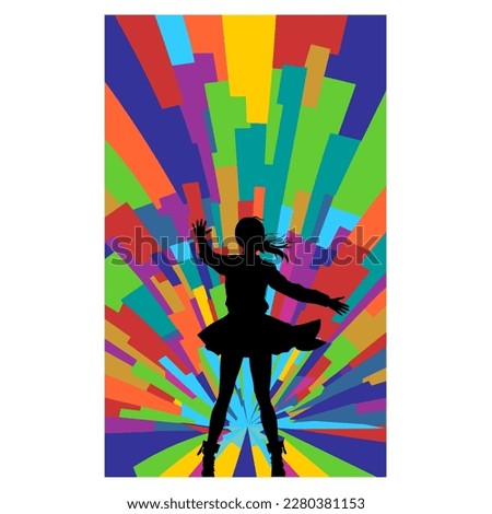 A radio station icon or a flyer with a dark silhouette of a girl with outstretched arms and a short skirt against a background of bright multicolored lanterns at a retro disco of the 70s