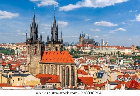 Church of Our Lady before Tyn with Prague Castle at background, Czech Republic