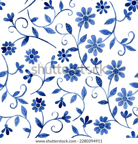 watercolor seamless pattern with vintage blue patterns of flowers and leaves