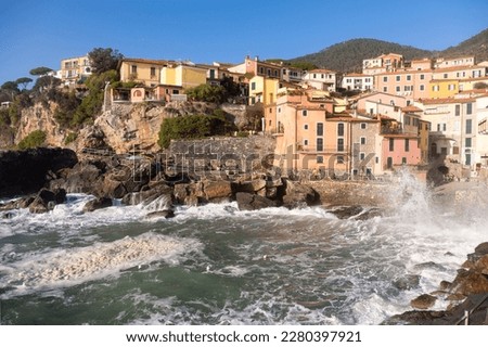 Storm surge in Tellaro, ancient and small village near Lerici, in the Gulf of La Spezia (Golfo dei Poeti) Liguria, Italy, Europe