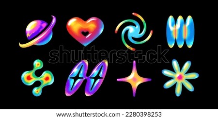 3D neon colored objects set in Y2K style: planets, hearts, stars, flower, and galaxy. Trendy futuristic and vibrant vector elements for abstract designs, web, print, and creative projects Royalty-Free Stock Photo #2280398253