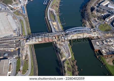 Aerial view ,Duisburg,New construction Karl Lehr Bridge is a road bridge over the Ruhr River ,47059 Duisburg ,North Rhine-Westphalia,Germany