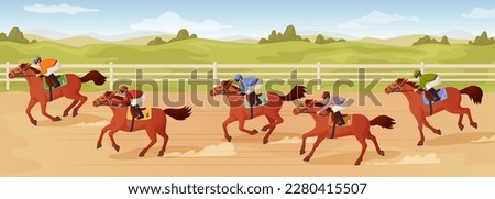 Hippodrome competitions. Cartoon horse racing panorama, equestrian competition derby racetrack fence arena, melbourne cup racehorse betting, ingenious vector illustration of competition hippodrome Royalty-Free Stock Photo #2280415507
