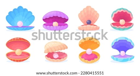 Cartoon pearl shells. Underwater pearls in shell, open scallop with luxury sphere, oysters clam seashell marine jewel shellfish sea decoration, set vector illustration of underwater pearl marine Royalty-Free Stock Photo #2280415551