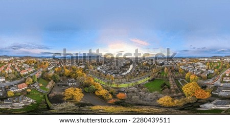 Seamless spherical HDRI aerial panorama 360 degrees for VR virtual reality of Bern town historic cityscape, Capital city of Switzerland with colorful twilight romantic sky sunset cityscape in autumn. Royalty-Free Stock Photo #2280439511