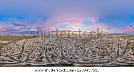 Seamless spherical HDRI aerial panorama 360 degrees for VR virtual reality of Eiffel Tower in France with colorful twilight romantic sky sunrise or sunset of paris city travel landmark in Europe.  Royalty-Free Stock Photo #2280439515