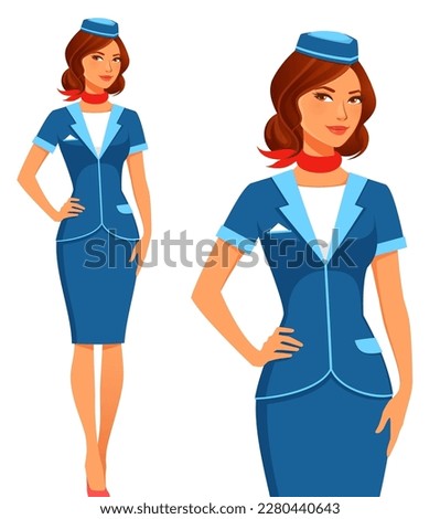 beautiful young air hostess wearing blue uniform and red scarf. Elegant plane stewardess or travel agency representative. Cartoon character. Isolated on white. Vector eps file. Royalty-Free Stock Photo #2280440643