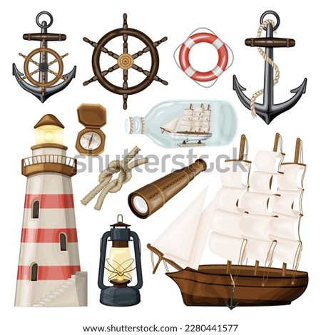 Set of sea adventures elements. Wooden ship frigate or corsair with white sails. Different sailors icons isolated on white background. Cartoon image of Lighthouse, anchor, float. Vector illustration