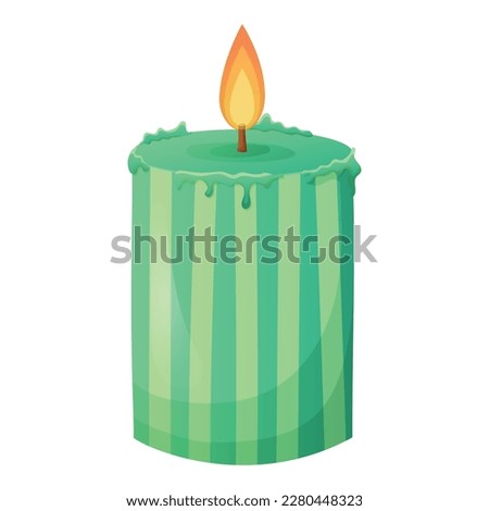 Festive striped green wax candle with fire. Vector isolated cartoon illustration.