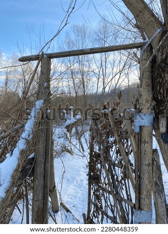 Beautiful winter nature wooden fence