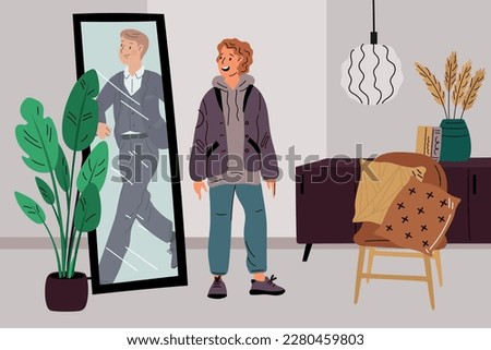 Ideal mirror reflection. Young guy dreams of becoming successful businessman. Handsome man in formal suit. Confident male. Boys daydreaming. Think about future career Royalty-Free Stock Photo #2280459803