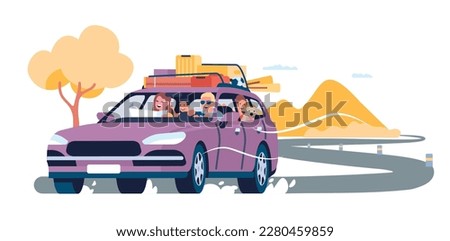 Summer travel by car. Family auto vacation. Road trip. Holiday transport driving. Baggage on vehicle roof. Automobile tourism. Adventure journey. Parents with children Royalty-Free Stock Photo #2280459859