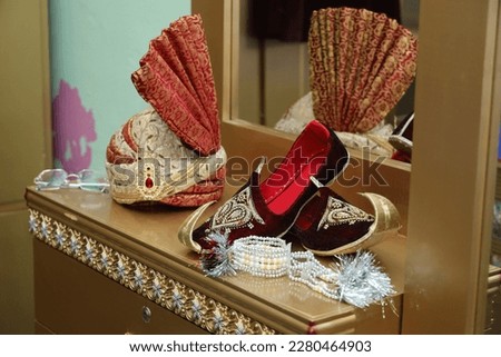 Traditional Turkish red shoes. Vector illustration on white background with Turban