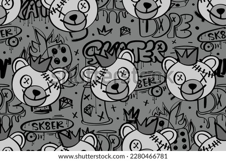 Graffiti urban street style drawings and texts. Teddy bear face emoji with crown. Seamless pattern repeating texture background. Vector illustration design.