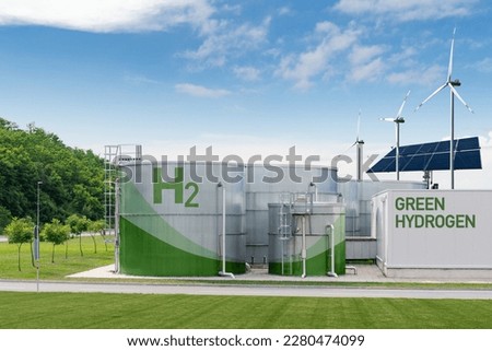 Green Hydrogen factory concept. Hydrogen production from renewable energy sources Royalty-Free Stock Photo #2280474099