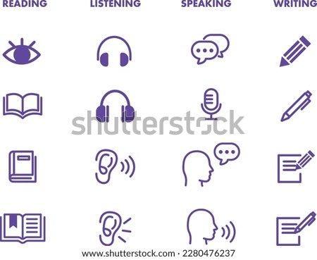 Language skill icon set speaking listening reading writing education test logo vector illustration circle symbol Royalty-Free Stock Photo #2280476237