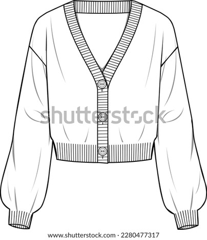 Women's Crop Button Through Cardigan. Technical fashion illustration. Front, white colour. Women's CAD mock-up. Royalty-Free Stock Photo #2280477317