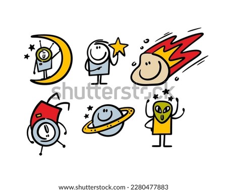 Cartoon set of outer space characters and planets illustrations with astronaut, comet, alien, moon. Doodle collection of funny stickmans hand drawn in vector style.