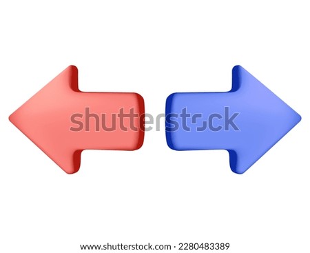 Left and right arrow 3D icon pointer. Realistic 3d design on back arrow and forward pointer cartoon style. Icon isolated on white background. Blue and red arrows pointing right left modern icon