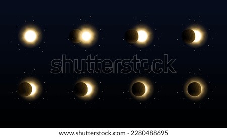 Solar eclipse in different phases. Cosmos with moon and sun in total and partial solar eclipse and stars isolated on transparent background, vector realistic illustration Royalty-Free Stock Photo #2280488695