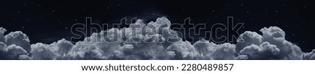 Black dark blue night sky. Stars. White cumulus clouds. Moonlight, starlight. Background. Astrology, astronomy, science fiction, fantasy, dream. Storm front. Dramatic. Wide banner. Panoramic.  Royalty-Free Stock Photo #2280489857