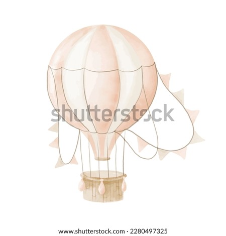 Watercolor pinkAir Balloon with basket and pennants. Hand painted vector illustration for Children design in Cartoon style. Vintage Aircraft with hot air for icon or logo in pastel colors