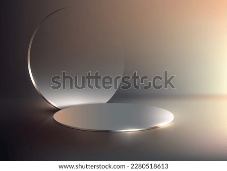 3D realistic studio room luxury minimal style shiny golden metallic podium stand with circle transparent glass and lighting effect on dark background. Product display for beauty cosmetic, showroom Royalty-Free Stock Photo #2280518613