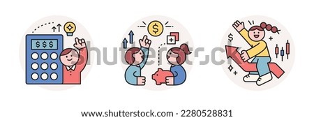Finance and people, accounts for household economic growth, investment plan management. Calculator, couple planning, arrows. Vector illustration.