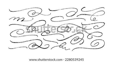 Hand drawn ornament divider collection. Vector calligraphy swirls. Brush drawn flourishes, swashes and decorative wavy lines. Black filigree underline strokes. Typography tails in vintage style. 