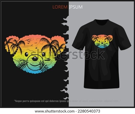 teddy bear head shaped sunset on the beach isolated on black t-shirt.( illustration )