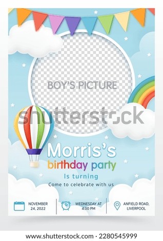 3D vector with hot air balloon and a rainbow blue background. Birthday invitation card for children, baby shower invite greeting card, child and kid party, social media, online, website. It's a boy