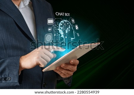 Artificial intelligence, AI chat bot concept. Businessman hands using tablet. ai chatbot infographic. Online Chatting Communication Business Internet Technology Concept
